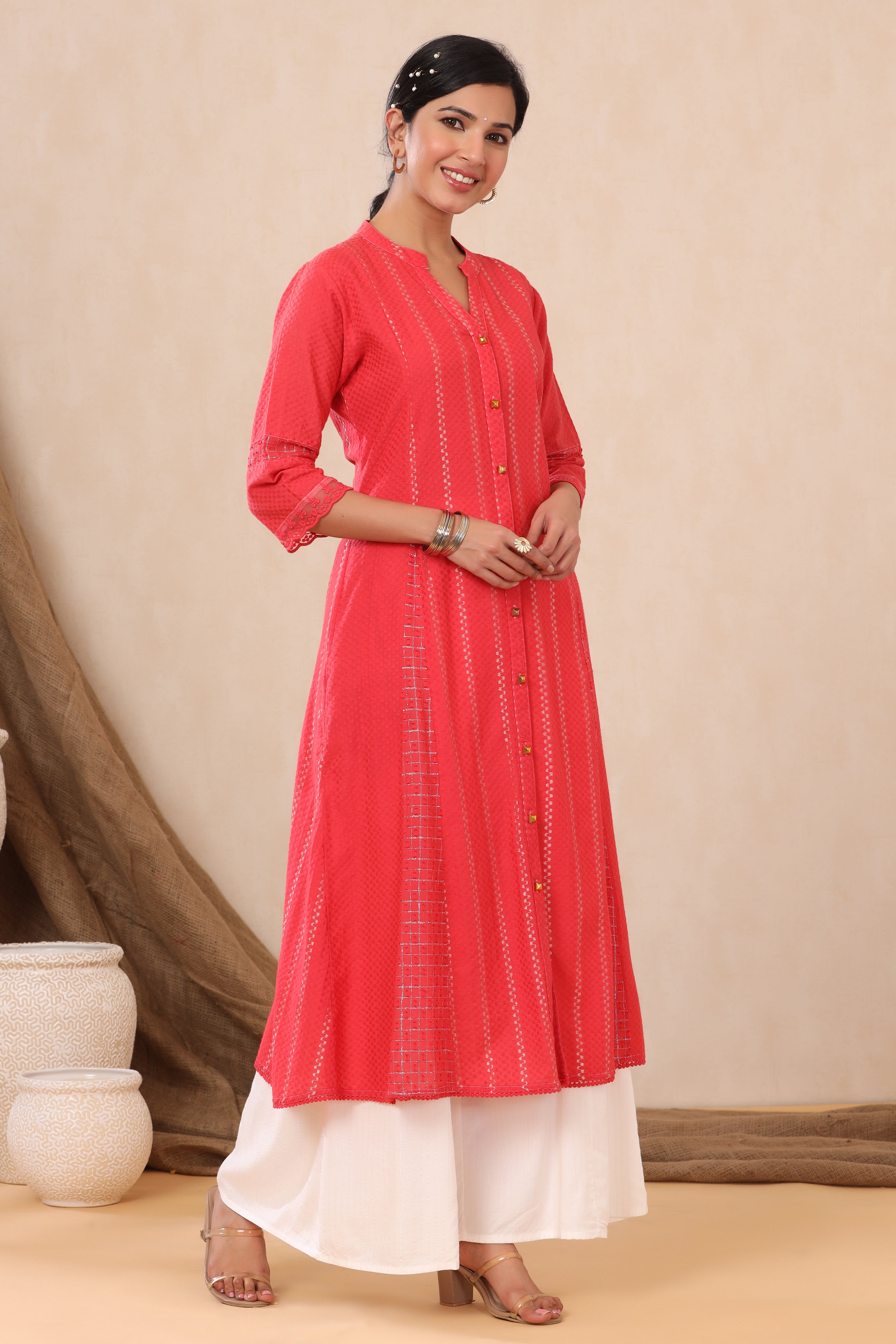 Red Cotton Dobby Printed A-Line Kurta with Mask | DesiQlo