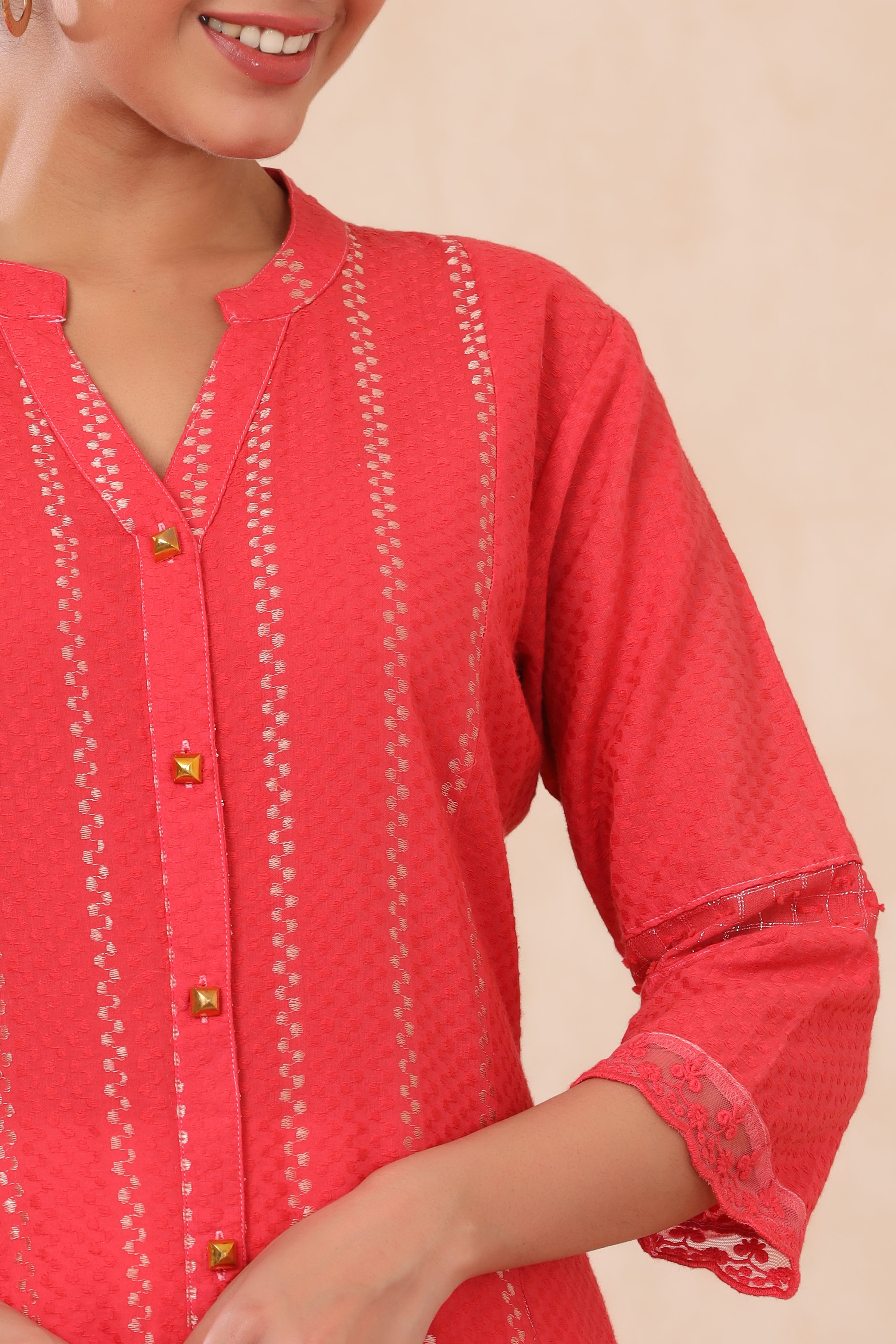 Red Cotton Dobby Printed A-Line Kurta with Mask | DesiQlo