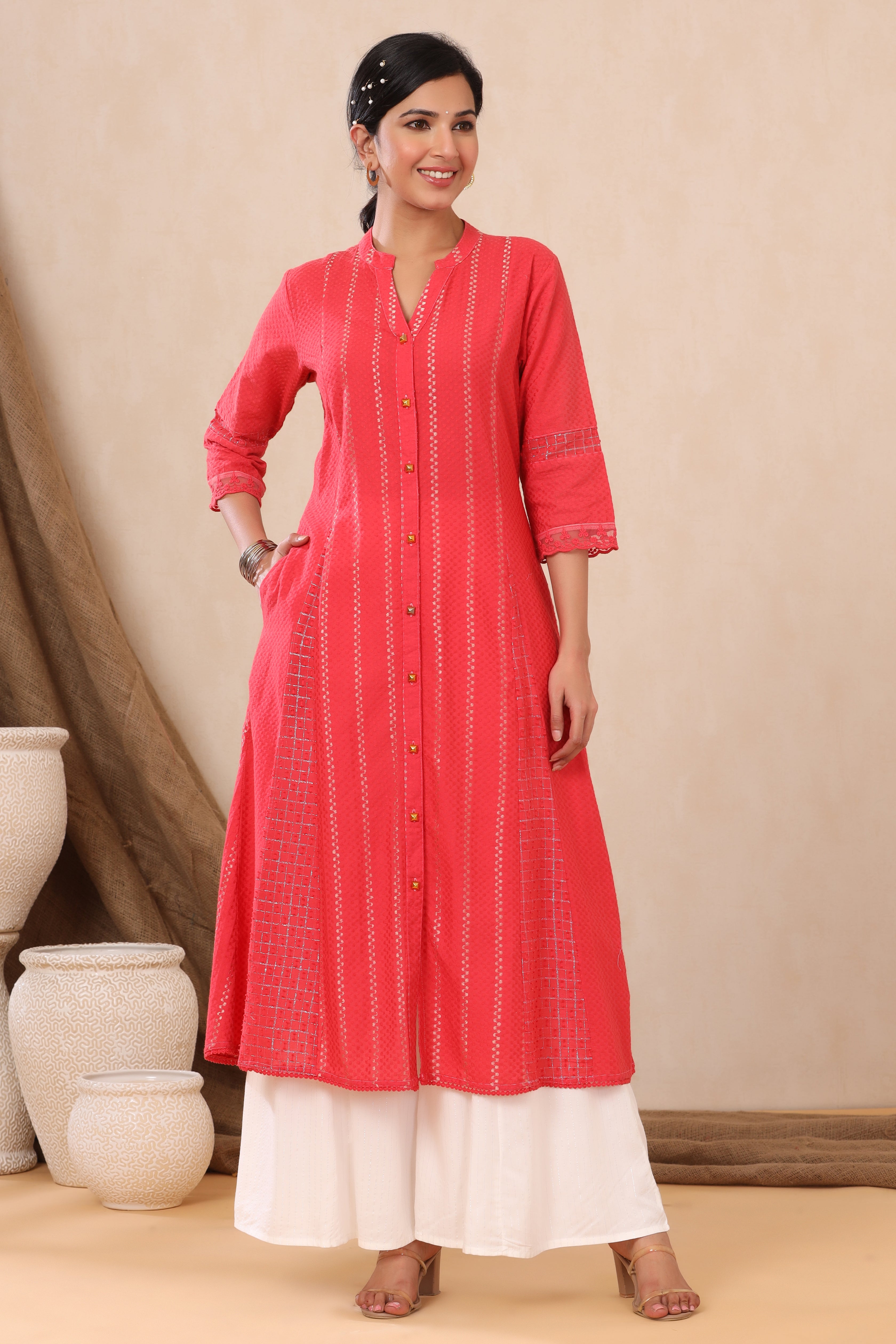 Red Cotton Dobby Printed A-Line Kurta with Mask | DesiQlo