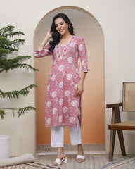 Women Nude Pink Cotton printed Straight Kurti with pant-232VAASNUDEPINK