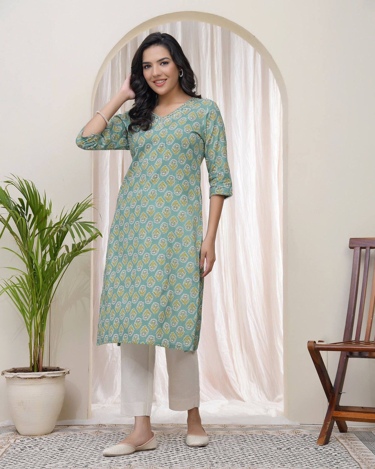 Women Aqua Cotton printed Straight Kurti with pant-233VAASAQUA
