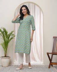 Women Aqua Cotton printed Straight Kurti with pant-233VAASAQUA
