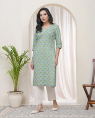 Women Aqua Cotton printed Straight Kurti with pant-233VAASAQUA