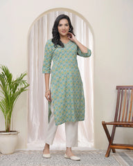 Women Aqua Cotton printed Straight Kurti with pant-233VAASAQUA