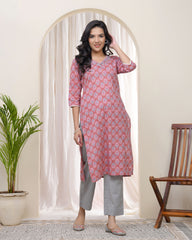 Women Pink Cotton printed Straight Kurti with pant-234VAASPINK