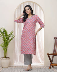 Women Pink Cotton printed Straight Kurti with pant-234VAASPINK