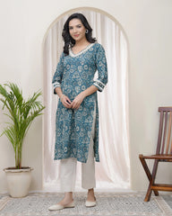 Women Ferozi Cotton printed Straight Kurti with pant-235VAASFEROZI