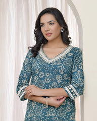 Women Ferozi Cotton printed Straight Kurti with pant-235VAASFEROZI