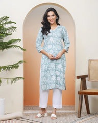 Women Mint Cotton printed Straight Kurti with pant-236VAASMINT