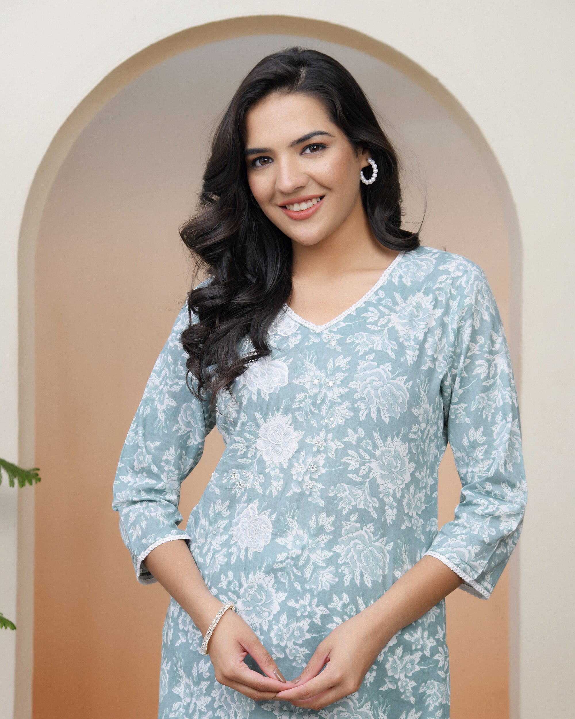 Women Mint Cotton printed Straight Kurti with pant