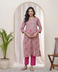 Women Charcoal Cotton printed Straight Kurti with pant-237VAASCHARCOAL