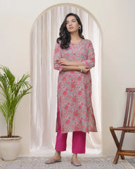 Women Charcoal Cotton printed Straight Kurti with pant-237VAASCHARCOAL