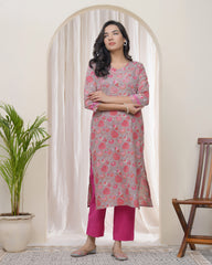 Women Charcoal Cotton printed Straight Kurti with pant-237VAASCHARCOAL