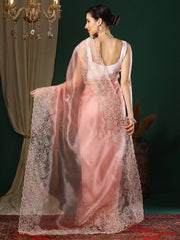 Women's Organza Peach Embroidered Designer Saree With Blouse Piece-23KAVI2301