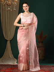 Women's Organza Peach Embroidered Designer Saree With Blouse Piece-23KAVI2301