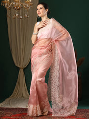 Women's Organza Peach Embroidered Designer Saree With Blouse Piece-23KAVI2301
