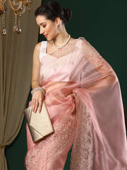 Women's Organza Peach Embroidered Designer Saree With Blouse Piece-23KAVI2301