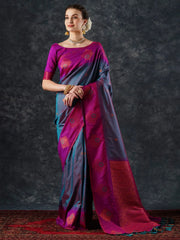 Women's Blend Blue Woven Design Designer Saree With Blouse Piece-23PAKHI2313