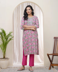 Women Grey Cotton printed Straight Kurti with pant-241VAASGREY