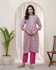 Women Grey Cotton printed Straight Kurti with pant-241VAASGREY