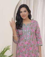 Women Grey Cotton printed Straight Kurti with pant-241VAASGREY
