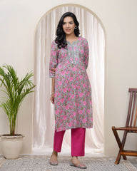 Women Grey Cotton printed Straight Kurti with pant-241VAASGREY