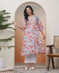Women Peach floral Cotton printed flare Kurti with pant-242VAASPEACH