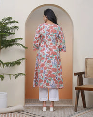 Women Peach floral Cotton printed flare Kurti with pant-242VAASPEACH