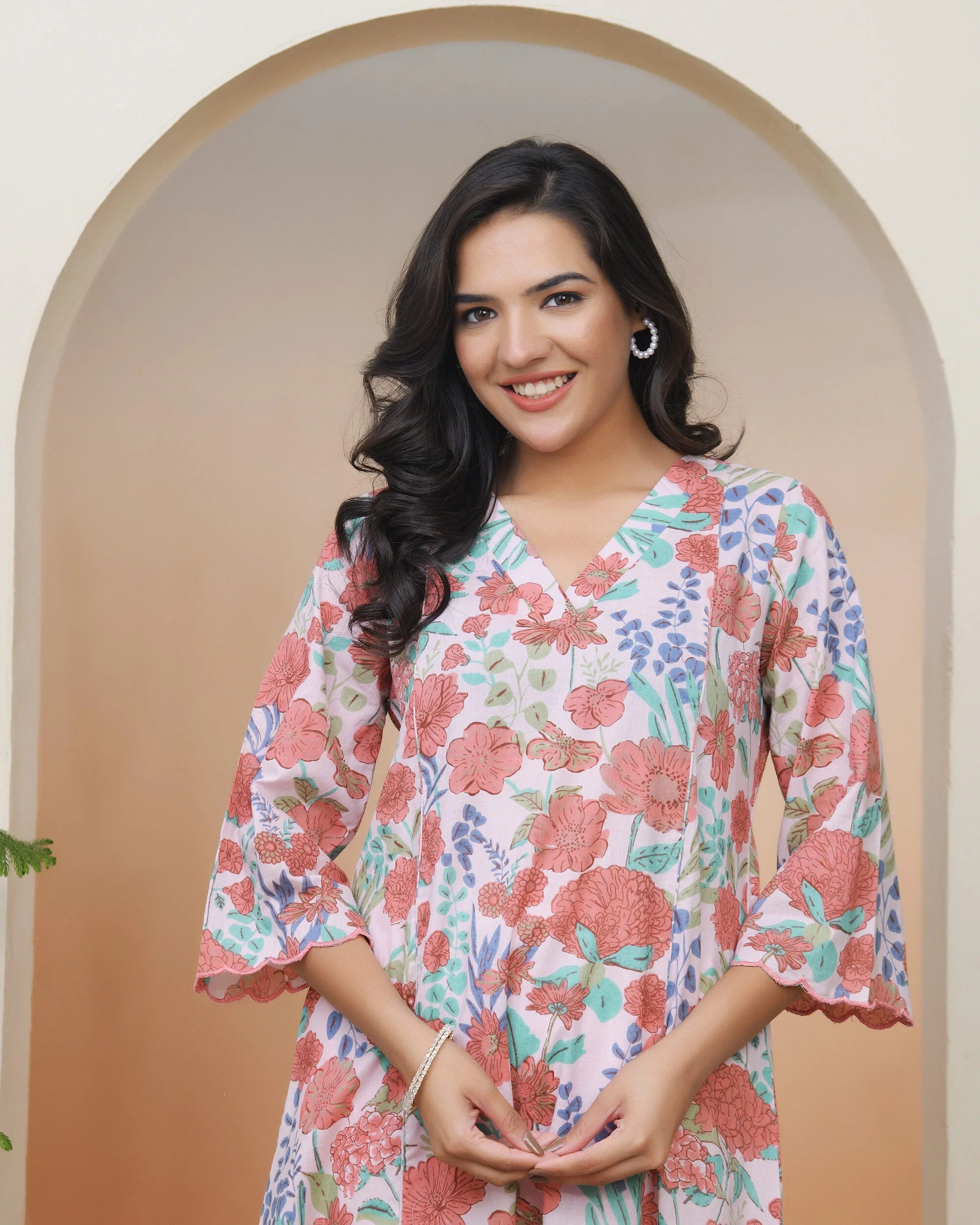 Women Peach floral Cotton printed flare Kurti with pant