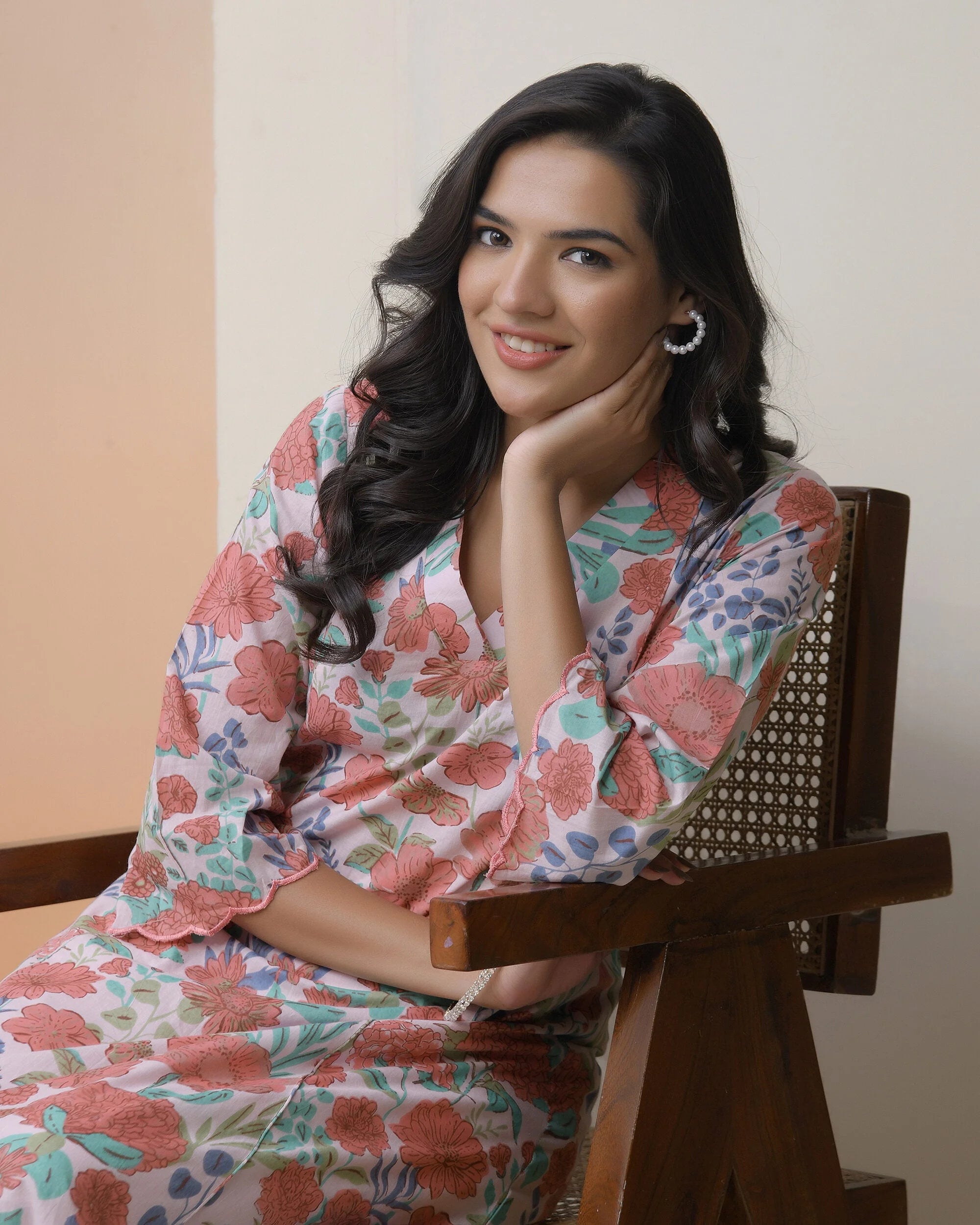 Women Peach floral Cotton printed flare Kurti with pant