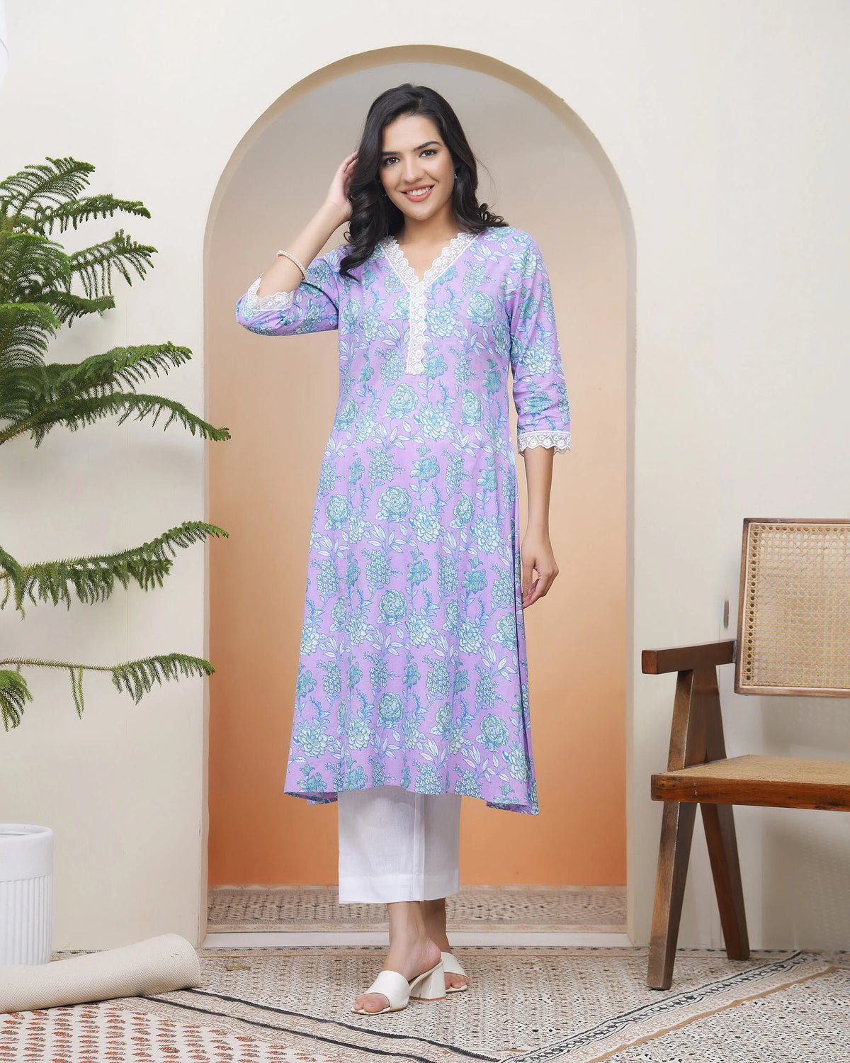 Women lavender floral Cotton printed flare Kurti with pant-243VAASLAVENDER