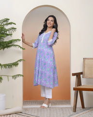 Women lavender floral Cotton printed flare Kurti with pant-243VAASLAVENDER