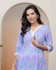 Women lavender floral Cotton printed flare Kurti with pant-243VAASLAVENDER