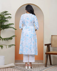 Women white floral Cotton printed flare Kurti with pant-244VAASWHITE