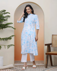 Women white floral Cotton printed flare Kurti with pant-244VAASWHITE