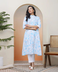 Women white floral Cotton printed flare Kurti with pant-244VAASWHITE