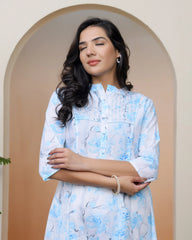 Women white floral Cotton printed flare Kurti with pant-244VAASWHITE