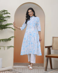 Women white floral Cotton printed flare Kurti with pant-244VAASWHITE