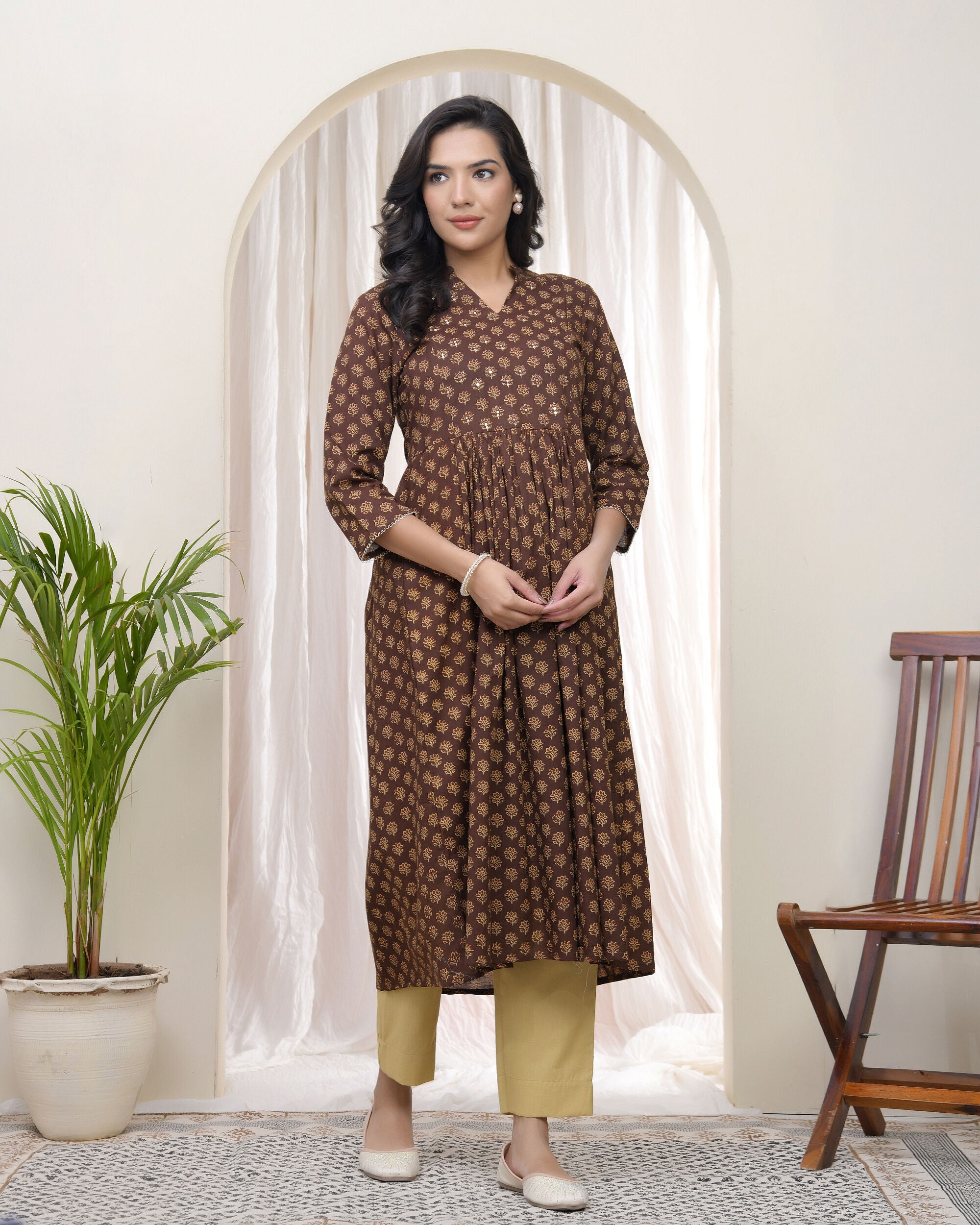 Brown boonta Cotton printed gathered Kurti with pant