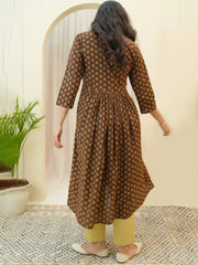 Brown boonta Cotton printed gathered Kurti with pant-245VAASBROWN