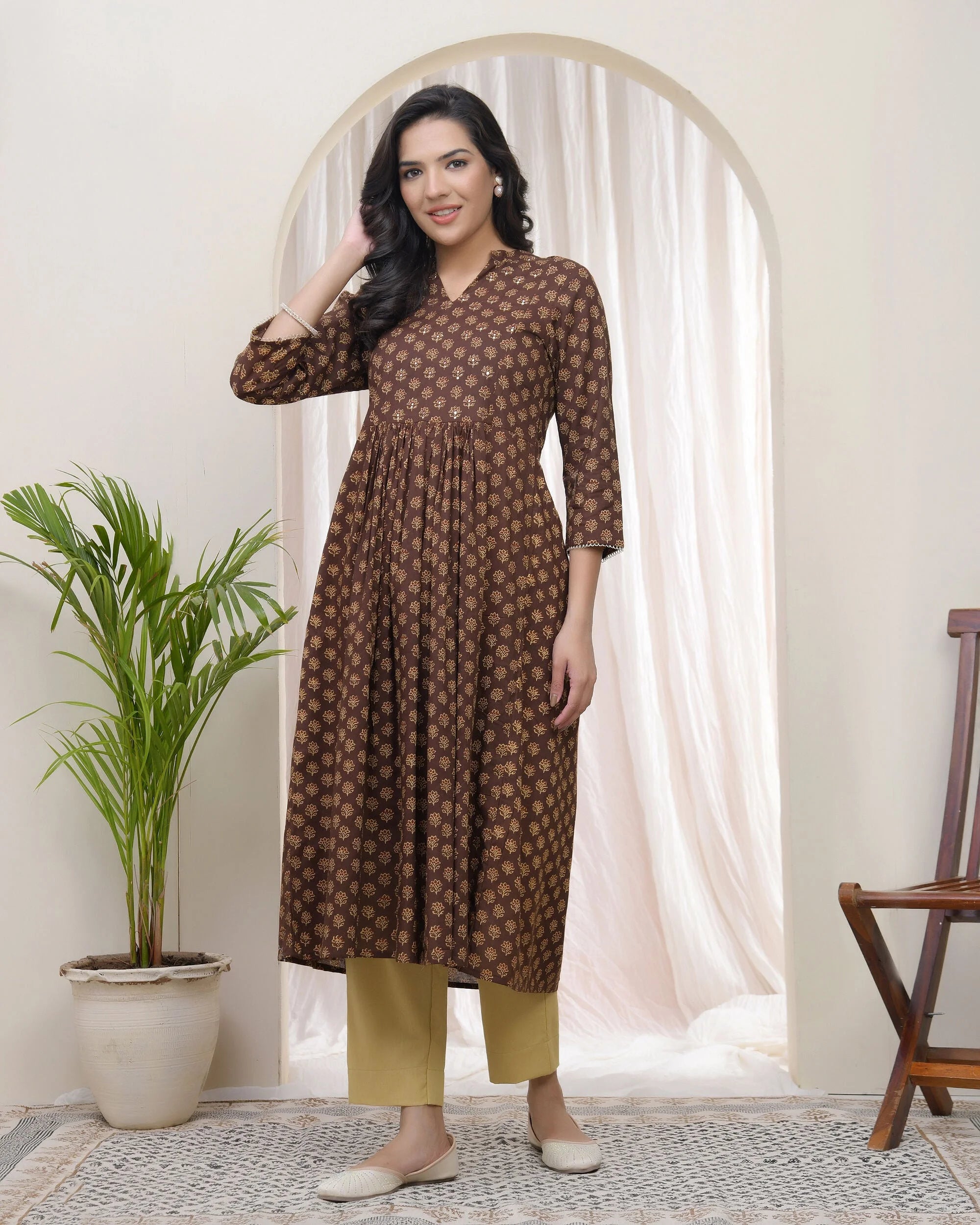 Brown boonta Cotton printed gathered Kurti with pant