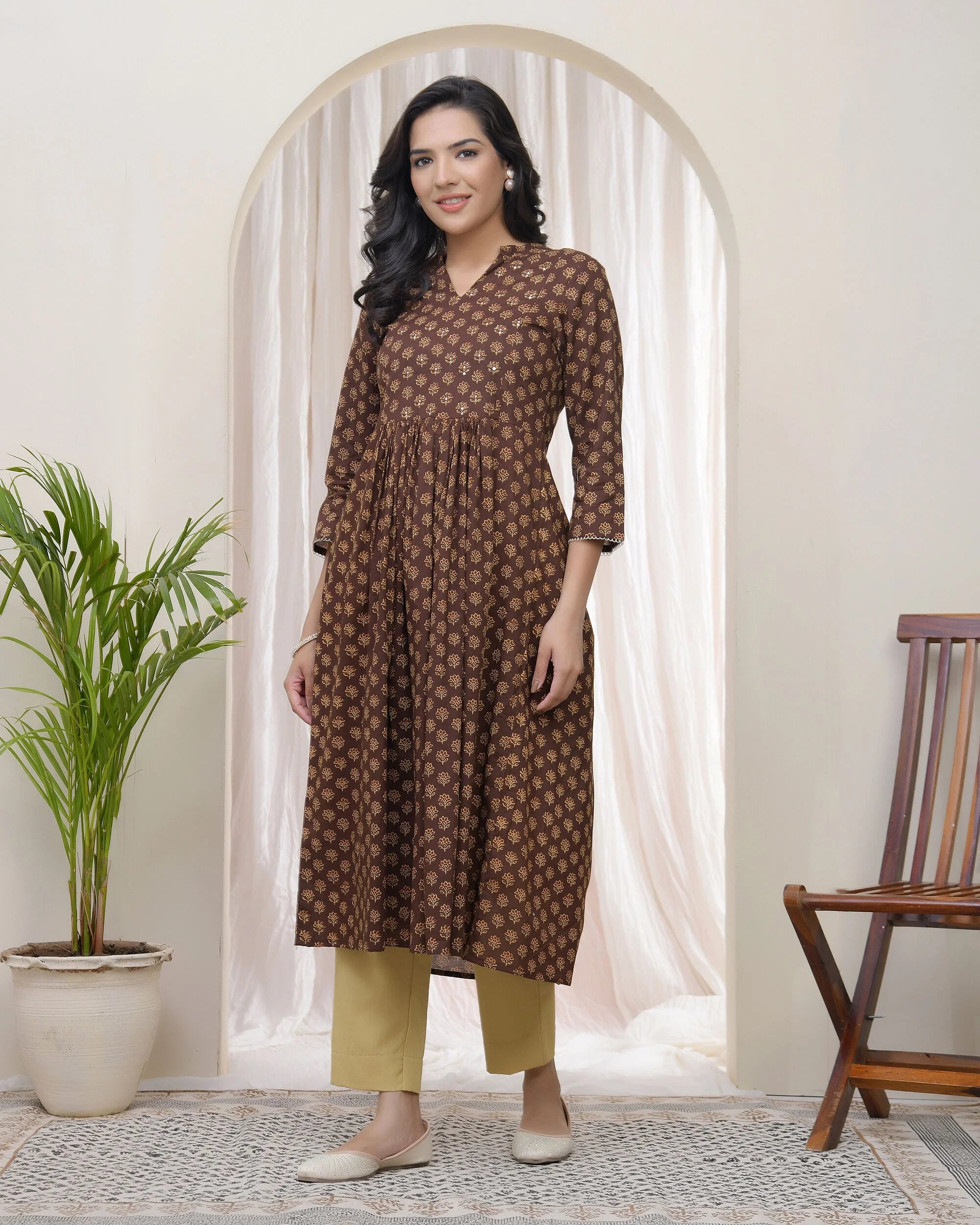 Brown boonta Cotton printed gathered Kurti with pant