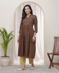 Brown boonta Cotton printed gathered Kurti with pant-245VAASBROWN