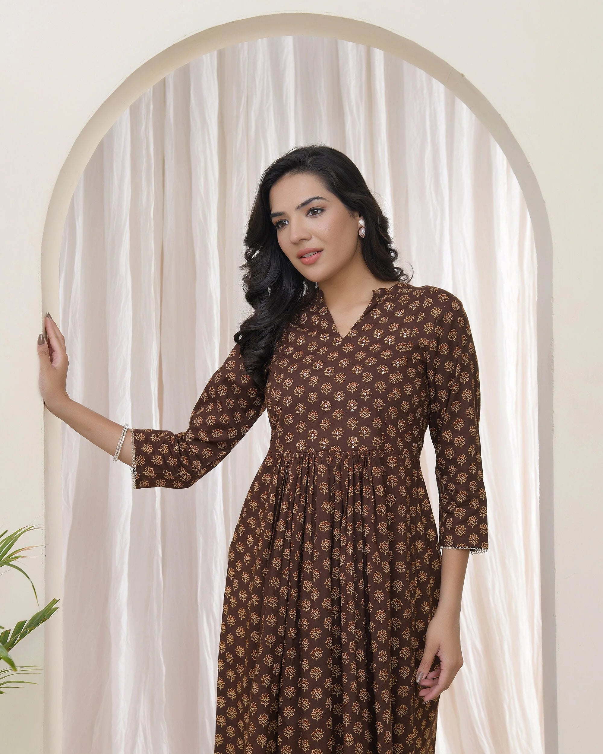 Brown boonta Cotton printed gathered Kurti with pant