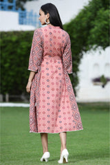 Juniper Women's Peach Cambric Mexican Print Pleated Yoke Kurta Kurta With Mask