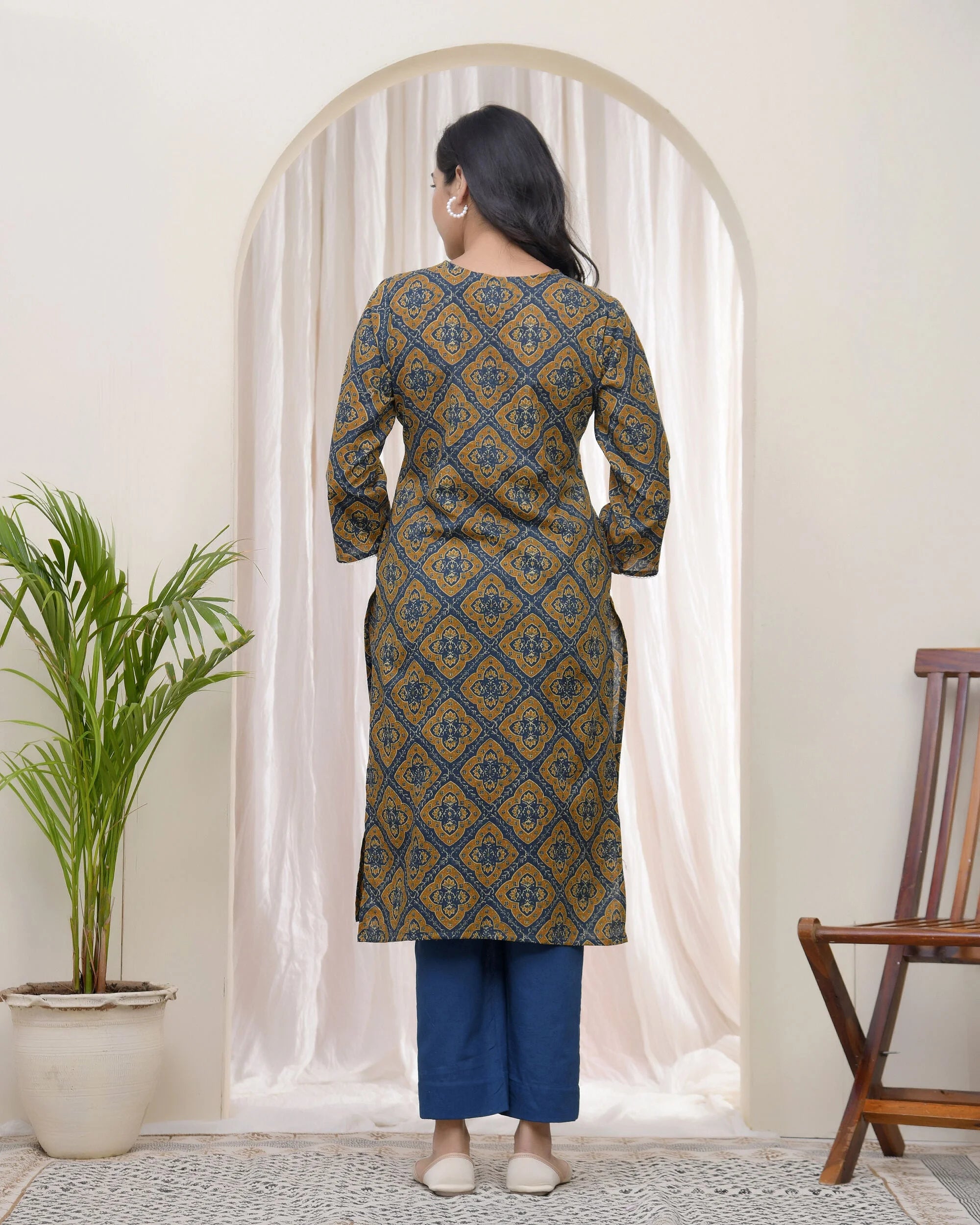 Blue ajrakh Cotton printed gathered Kurti with pant
