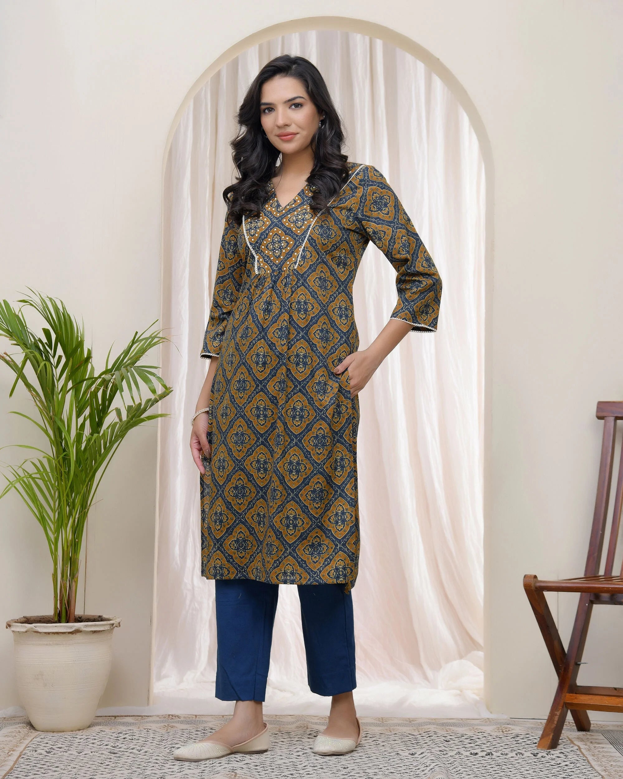 Blue ajrakh Cotton printed gathered Kurti with pant