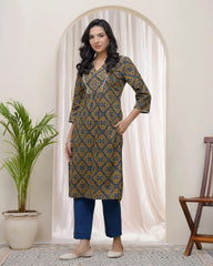 Blue ajrakh Cotton printed gathered Kurti with pant-246VAASBLUE
