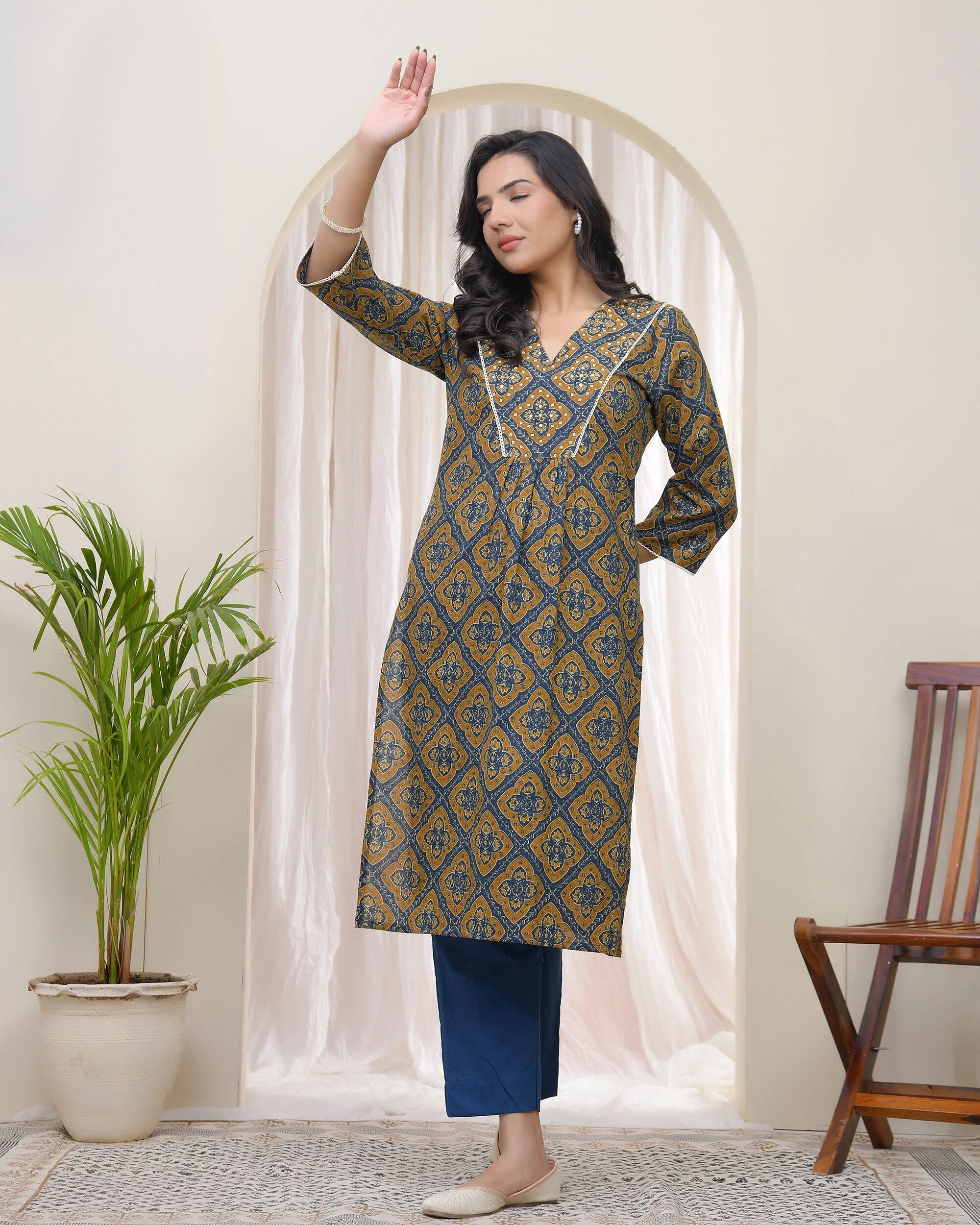 Blue ajrakh Cotton printed gathered Kurti with pant