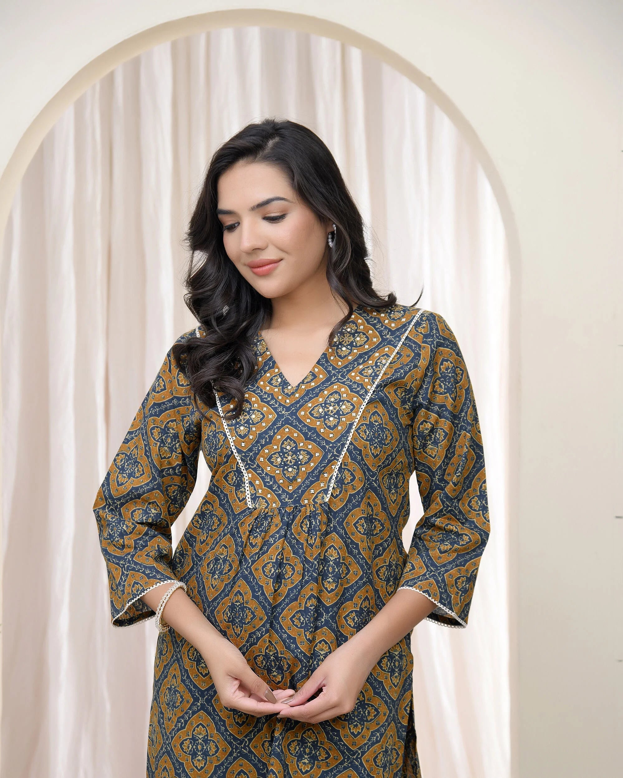 Blue ajrakh Cotton printed gathered Kurti with pant